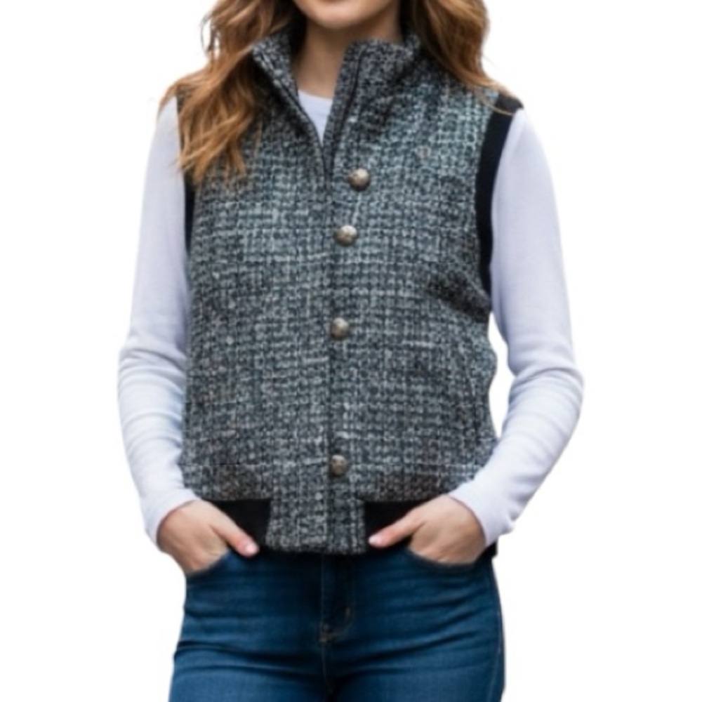 Walls Vintage Black White and Teal Tweed Wool Women’s Zip Up Vest - Size Large